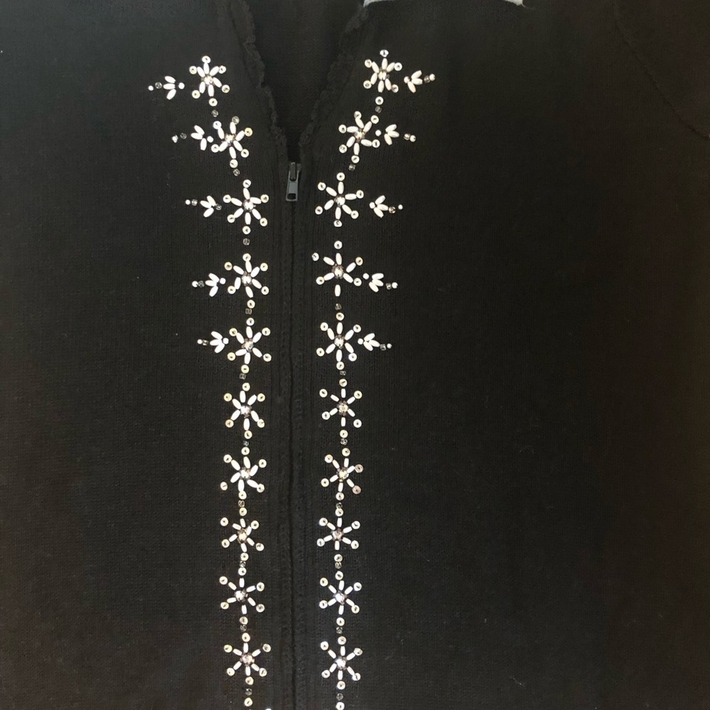 Storybook Knits Black Embellished Cardigan Sweater 1X Zip Beaded Denim Collar - Picture 5 of 6